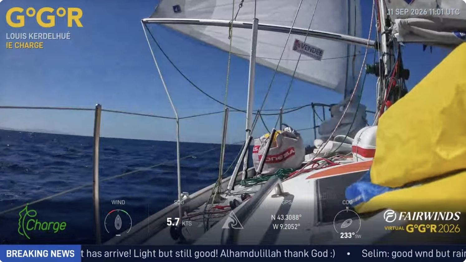 Live GGR Window broadcast from Louis Kerdelhué's IE Charge, with wind, speed, position and course overlays and a breaking news ticker
